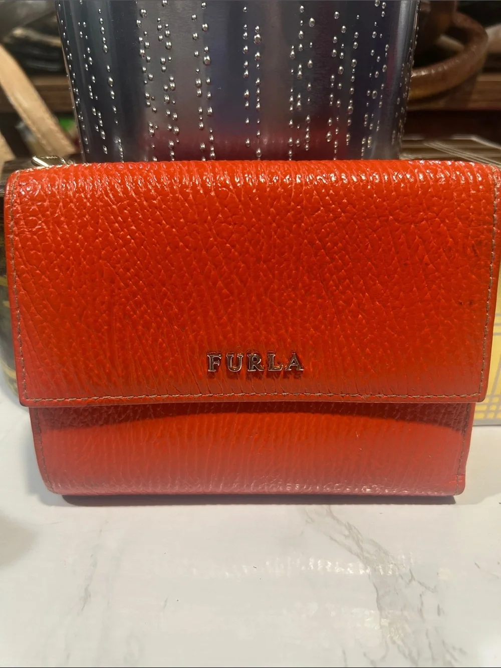 Furla Bright Orange Pebbled Leather Trifold Wallet